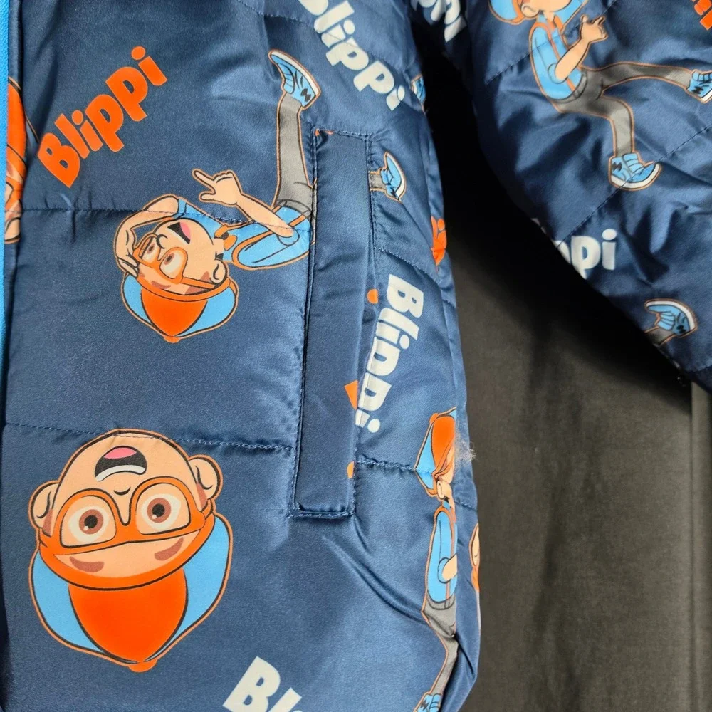 Blippi Boys Girls Navy Blue Quilted Puffer Jacket Hooded Character Print Size 8